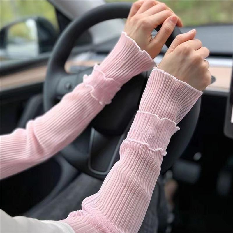 Women's Mesh Sheer Ruched Arm Sleeves Ruffle Hem Fingerless Gloves Costume Accessories Tulle Lace Sleeves