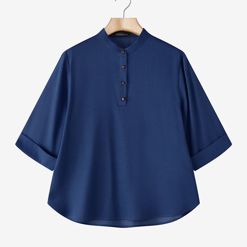 ZANZEA Женская повседневная блузка с круглым вырезом, рукавом 3/4, свободного кроя, однотонная