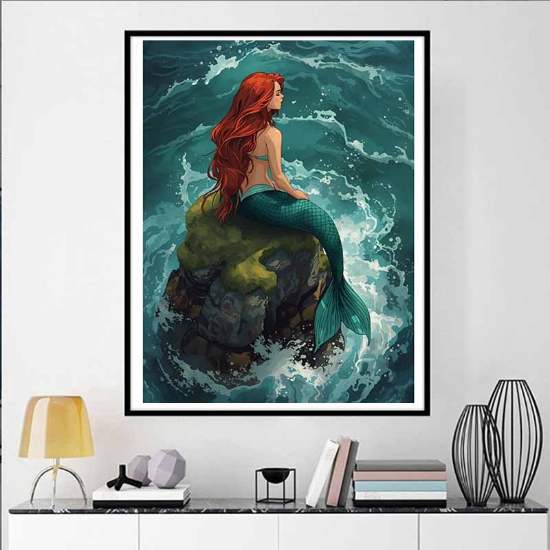 Disney 5D DIY Diamond Painting Ariels Little Mermaid Rock and Wave Illustration Embroidered Mosaic Cross Stitch Home Decor Gift Craft