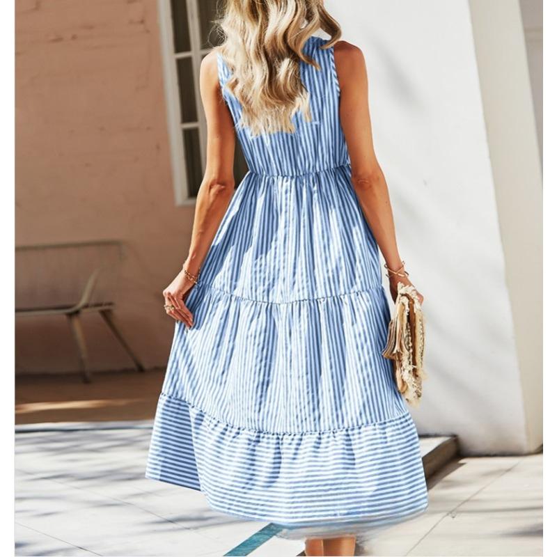 Летнее полосатое платье без рукавов с V-образным вырезом и эластичной талией, большие свободные платья для женщин, повседневные платья