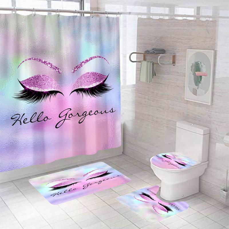 Girly Rose Gold Eyelash Makeup Shower Curtain Waterproof Toilet Cover Non-Slip Bath Mat Rug Carpet Toilet Seat Bathroom Sets