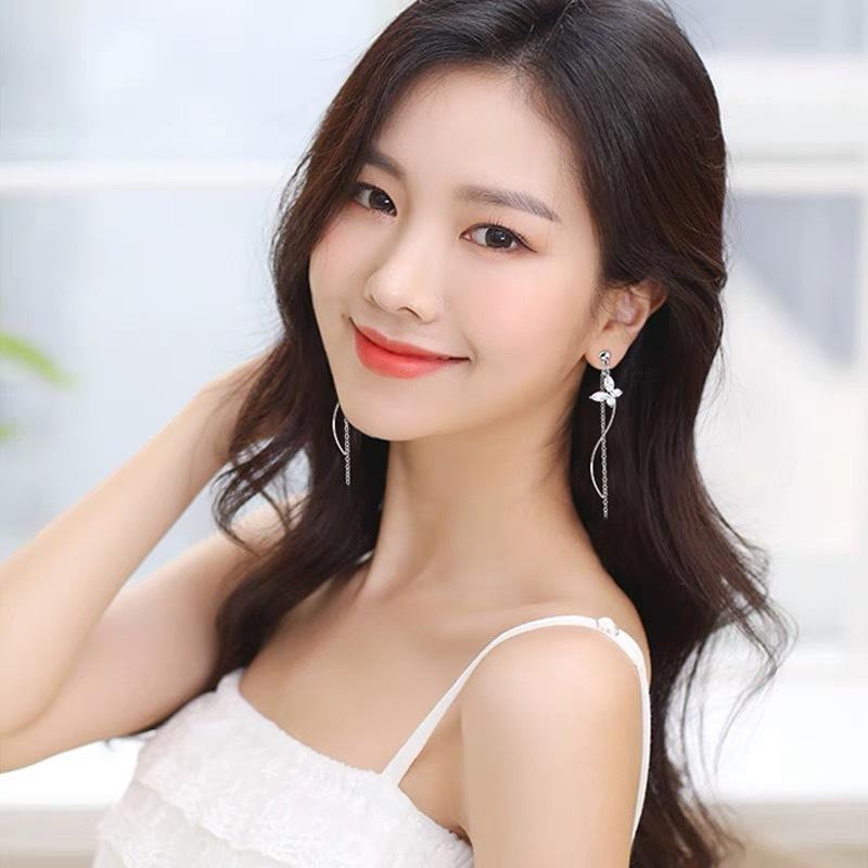 Butterfly Diamond Long Fringed Earrings Korean Version Simple Face Thin Temperament Earrings Ins Style Earrings