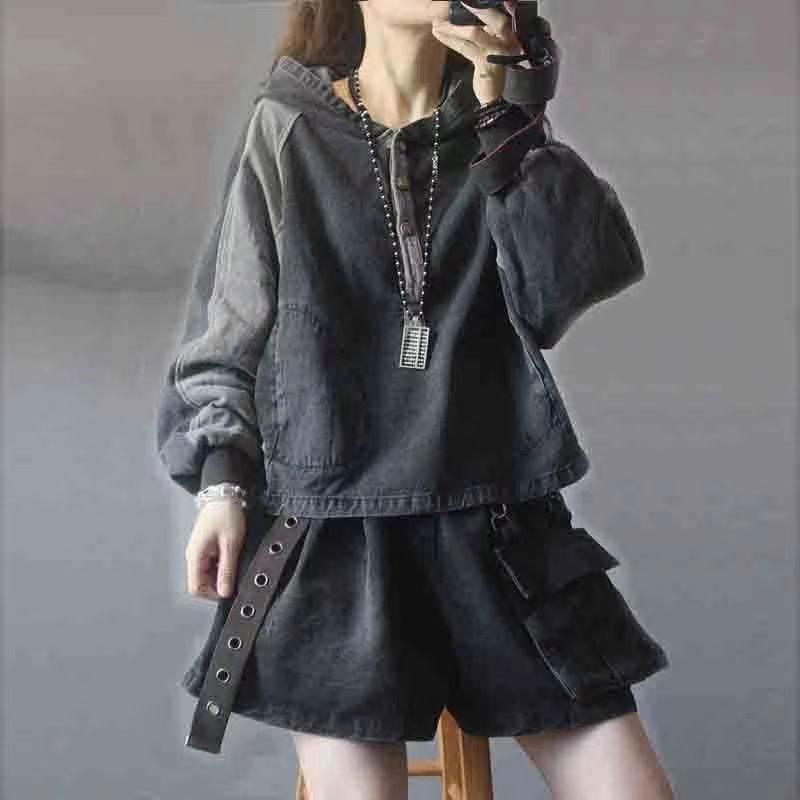 Autumn Retro Contrasting Hooded Washed Denim Sweatshirt Women Loose Versatile Sleeves Short