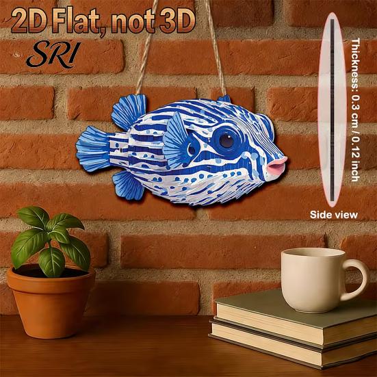 2D Wooden Wall Sign Ocean Theme Striped Puffer Fish Decor Nautical Hanging Rustic Rope with Hemp Decorative Beach Pendant for House Summer Decoration