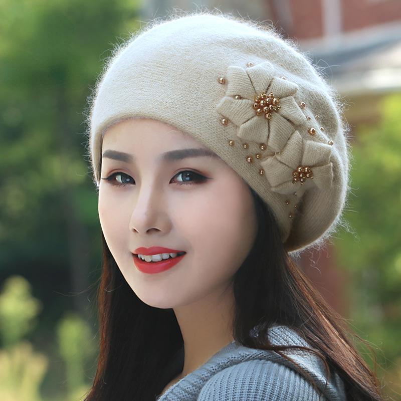 Autumn Winter Hats Korean Fashion Knit Thick Warm Rabbit Hair Hat Women's Knitted Hat Pearl Beret Caps