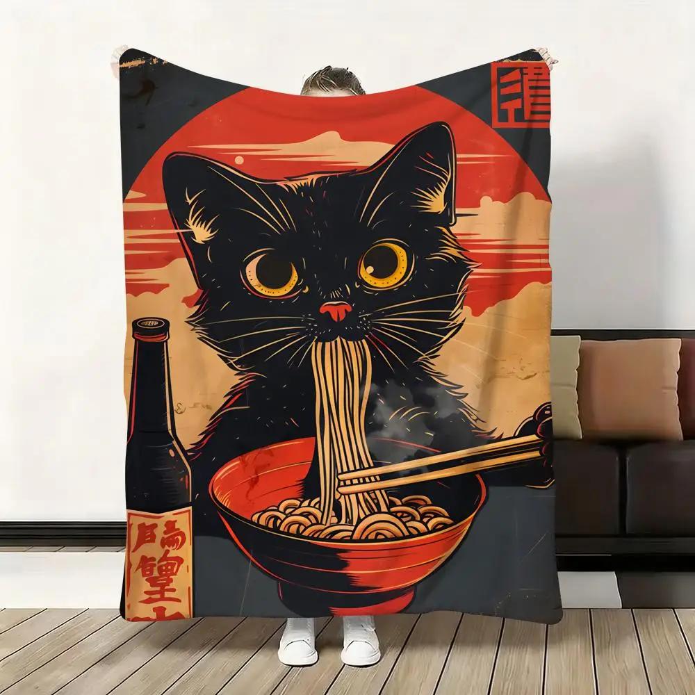 Black Cat Ramen Soft Flannel Blanket Oversized Warm SkinFriendly Throw for Sofa Bed Office Travel Winter Comfort