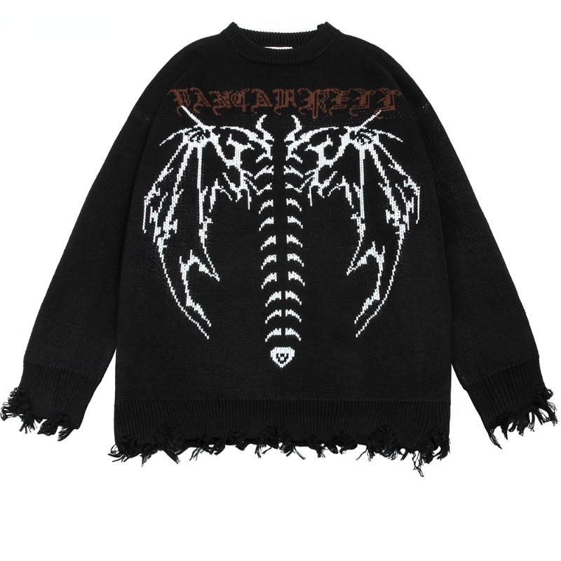 Готический женский рваный свитер с длинными рукавами в стиле хип-хоп, уличная одежда с принтом, панк, японский стиль, зимний женский вязаный свитер большого размера с круглым вырезом в стиле гранж