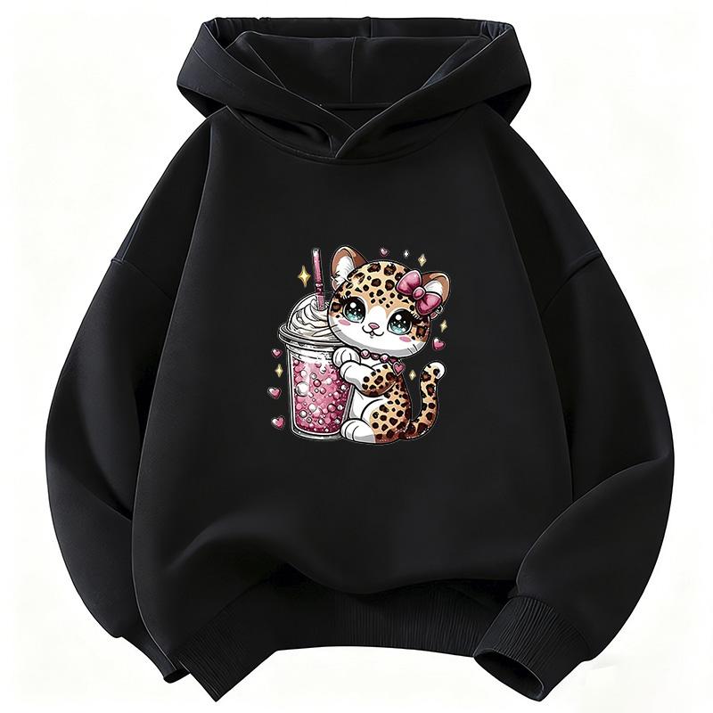 Leopard Print Cat Cute Hoodie Kids Cat Children's Sweatshirt Cute Funny Hoody for Boys Girls Autumn Winter Casual Hoodies