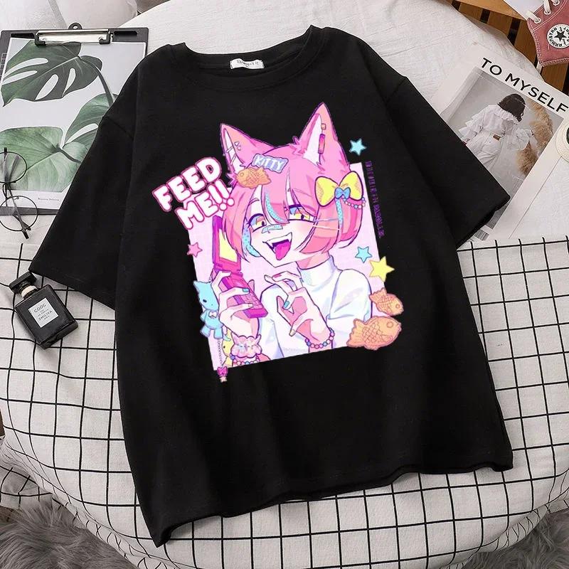 Женская футболка большого размера Kawaii Goth Harajuku Music Girl Print Black Crop Top Short Sleeve Женские футболки Y2k Mujer Grunge Kpop