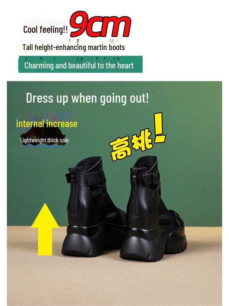 Women's Elevating Leather Roman Sandals - Genuine Cowhide, Thick Sole, Open Toe, Spring/Summer 2025.