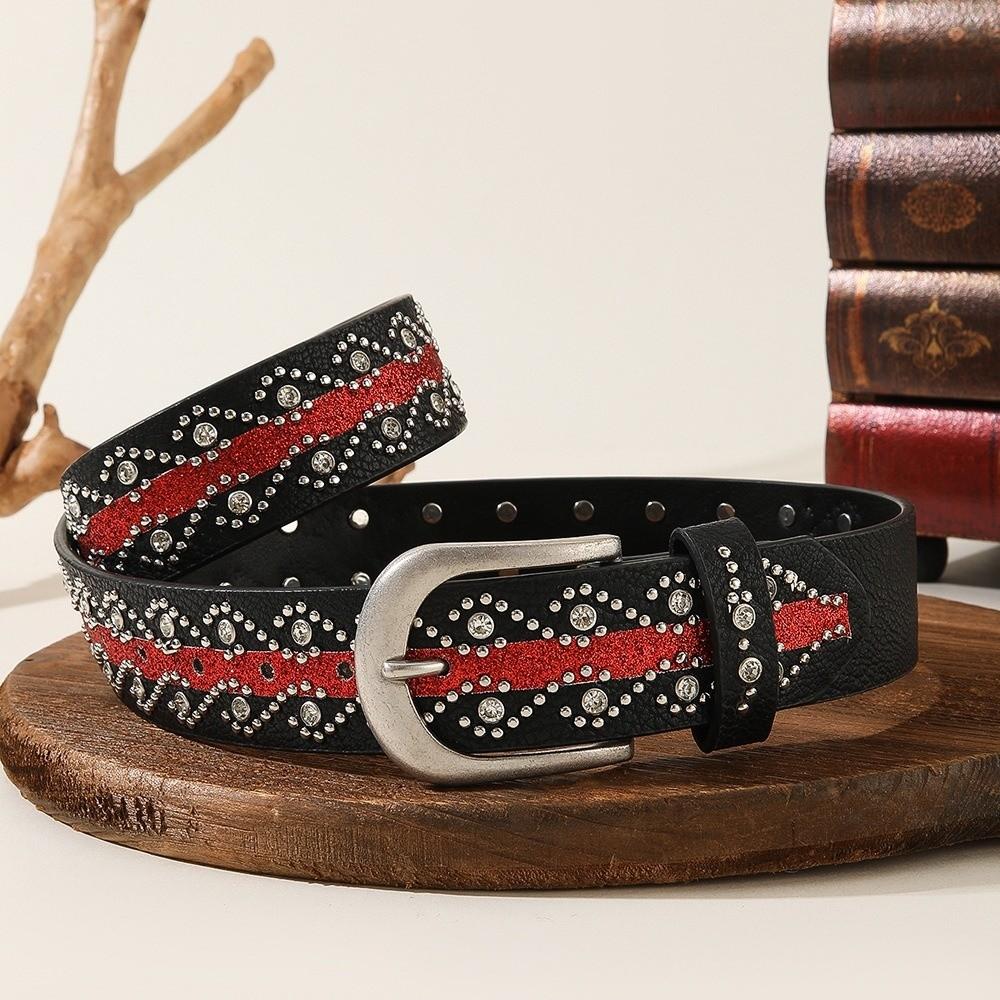 Contrast Color Y2K Punk Belt Gothic Vibe Eye Catching Western Studded Belt Adjustable Length Durable Alloy Buckle