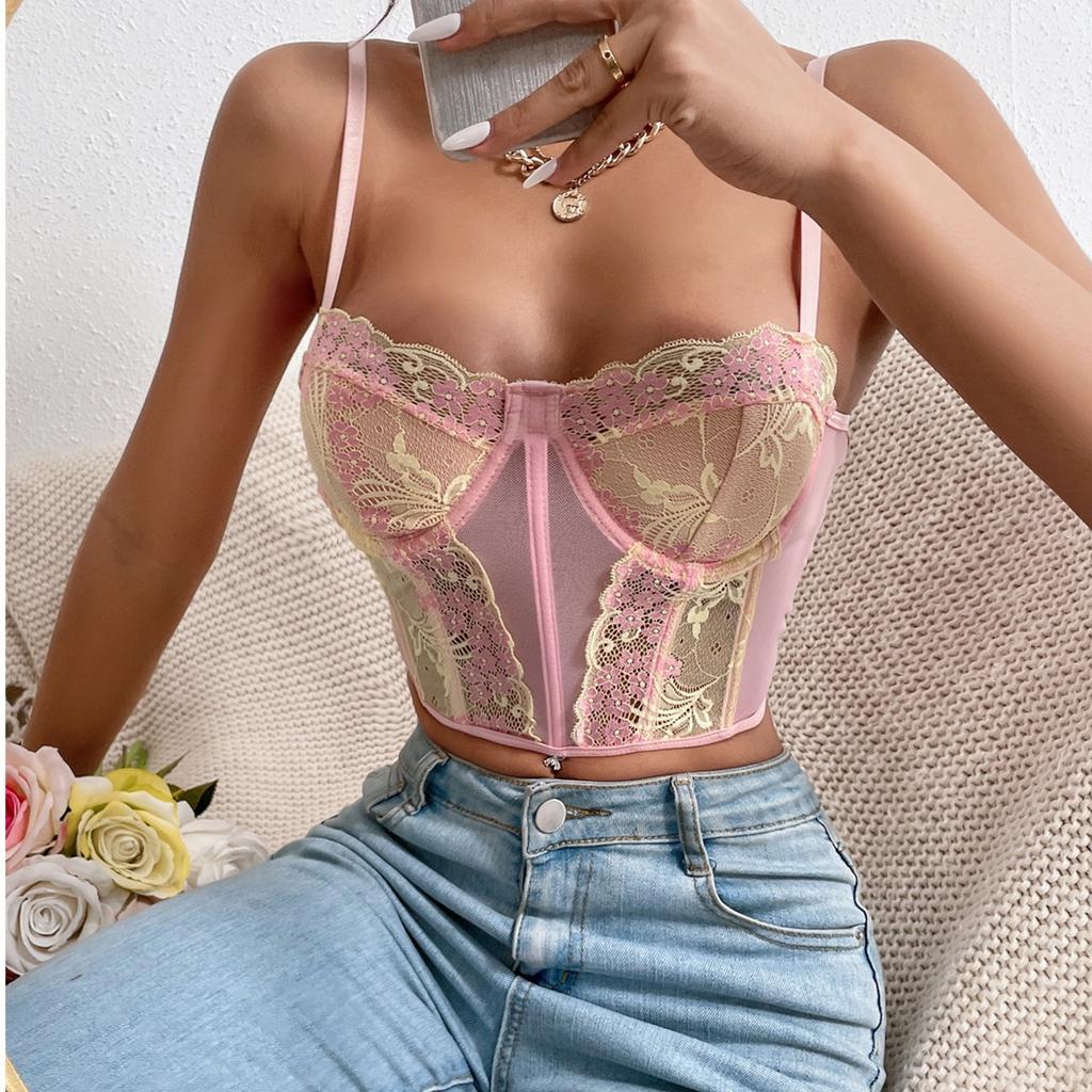 Women Summer Floral Lace Sexy Camisole Fashion Slim Bodycon Basic Suspender Tops Party Ins Streetwear Retro Mesh Camis