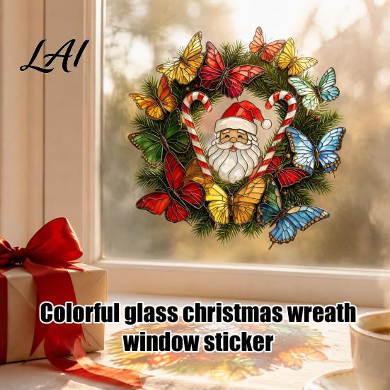 Candy Cane Party Decor Christmas Wreath Window Sticker Stained Glass Style Removable Santa Butterfly Holiday Stickers Decal PVC Static Cling