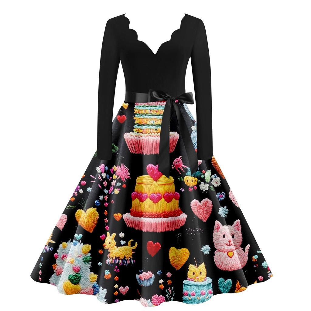 Женское повседневное модное платье с V-образным вырезом и длинным рукавом с милым принтом в винтажном стиле