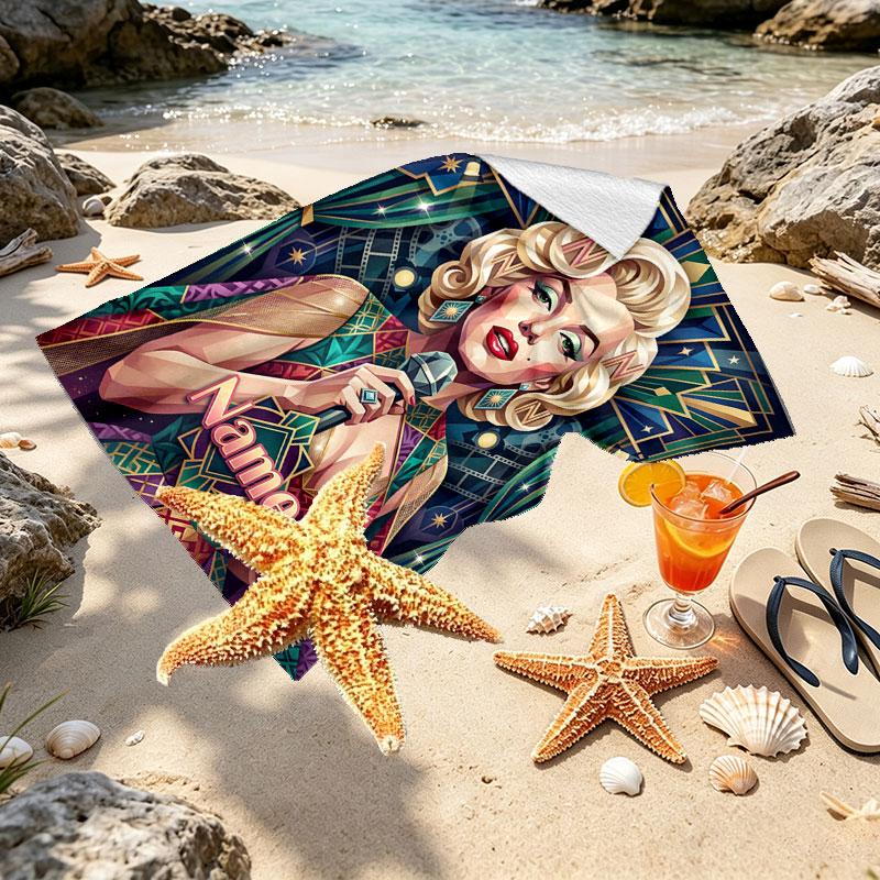 Custom Name Personalized Marilyn Monroe Print Beach Towel, for Trip Camping Beach Party Home Decor, Birthday Gift for Family & Friends