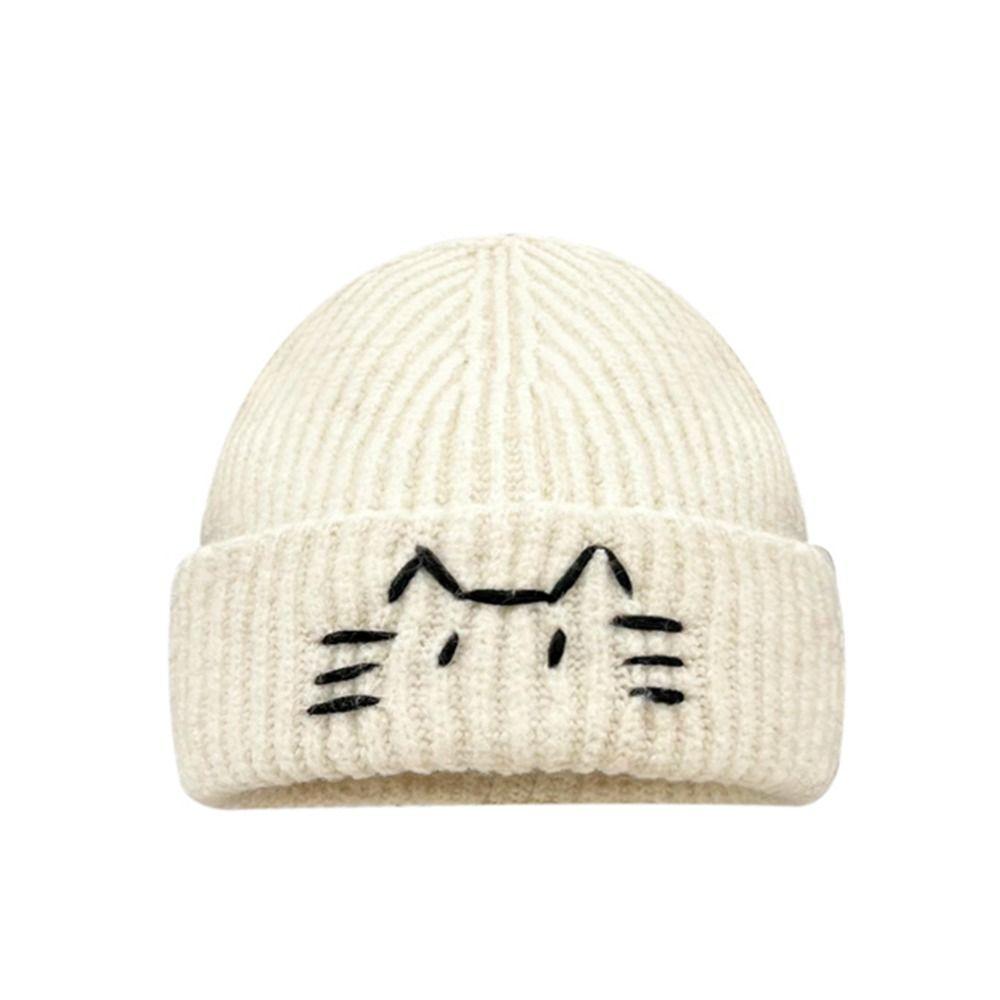 Wool Knit Beanies Embroidered Kitten Printing Knit Cap Casual Cute Cat Knitted Hat Girls