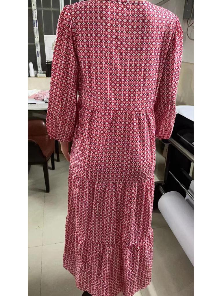 Летнее трендовое платье с геометрическим узором и рукавами-фонариками 2022 года, женская мода больших размеров.