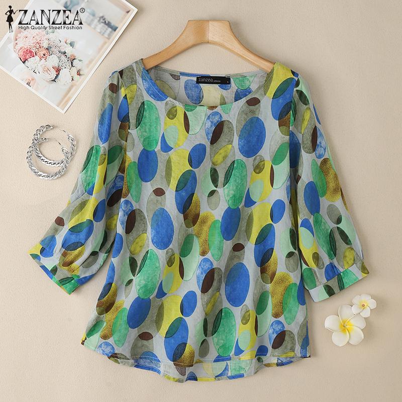 ZANZEA Women Round Neck 3/4 Sleeve Casual Print Blouse