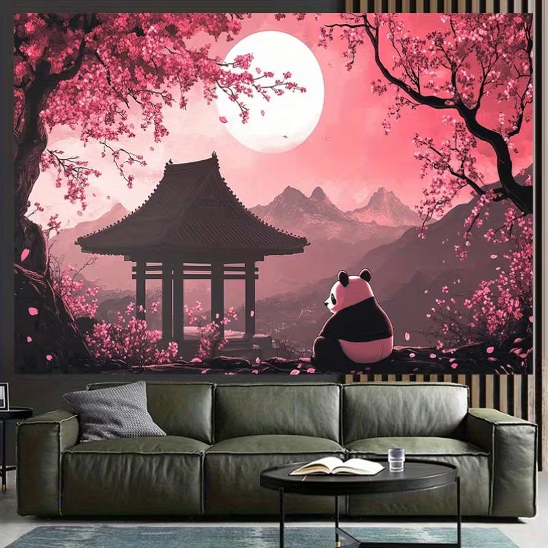 2D Traditional Chinese Pagoda Floral Panda Wall Hanging