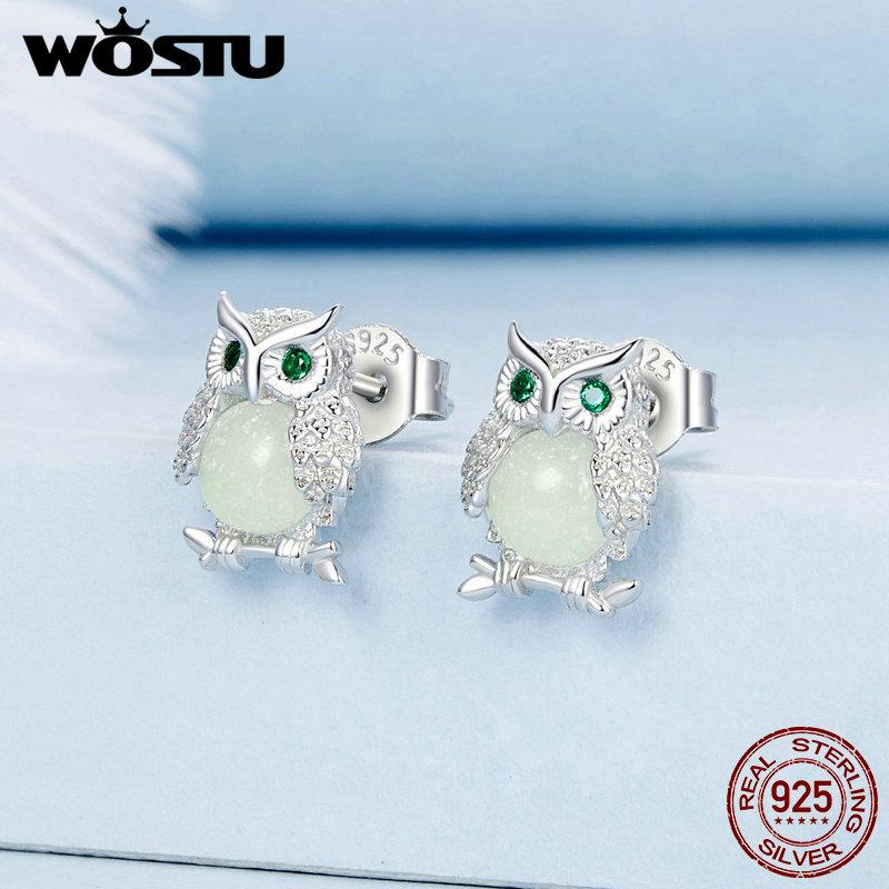 WOSTU 925 Sterling Luminous Owl Stud Earrings For Women Glow in the Dark Animal Ear Studs Pendientes Jewelry Gift