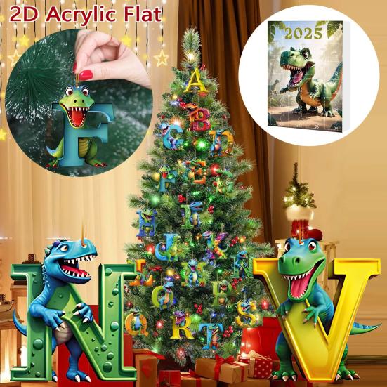 Календарь обратного отсчета до Рождества с динозаврами на 2025 год, Праздничный адвент-календарь с коллекционными подвесными украшениями, Акриловый плоский набор подвесок с буквами динозавров
