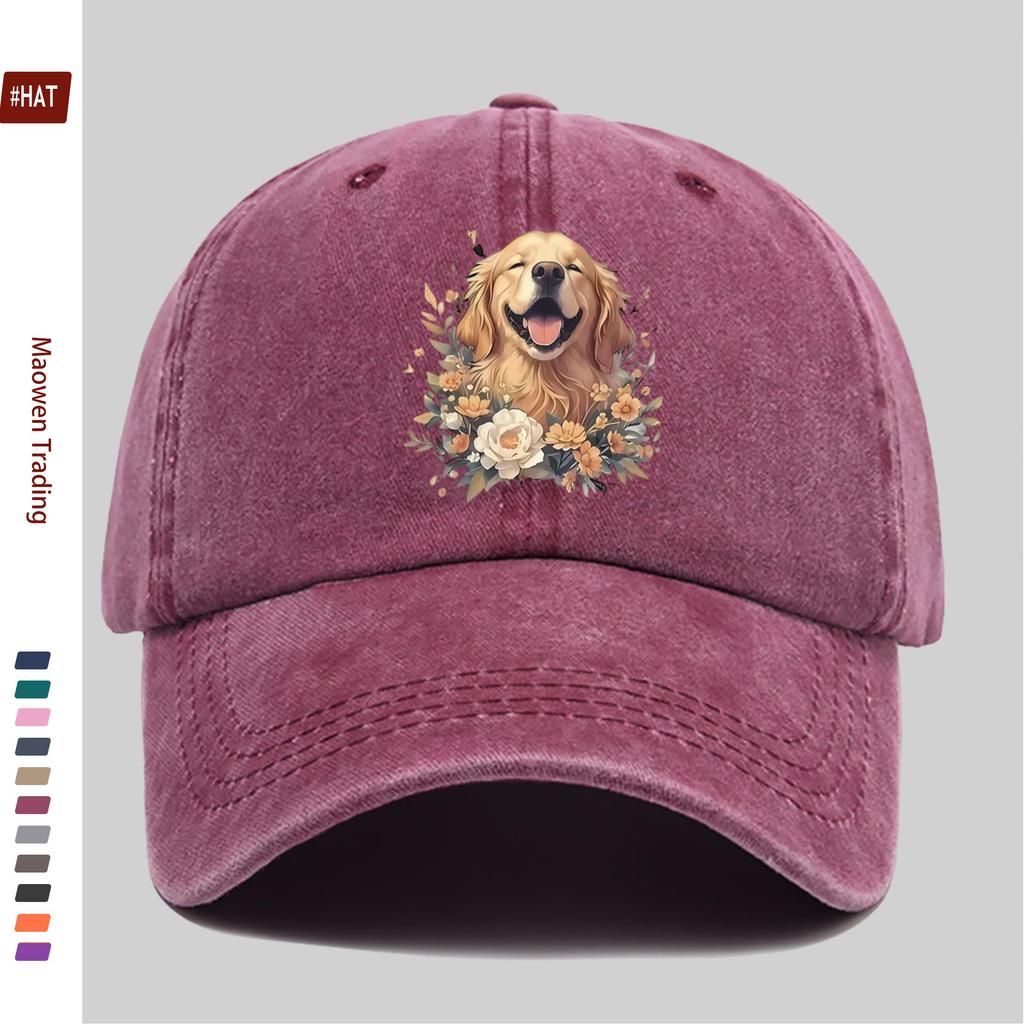 pc Golden Retriever And Floral Print Baseball Cap Cartoon Pet Dog Pattern Trucker Sun Hat Comfortable Lightweight Papa Hat D