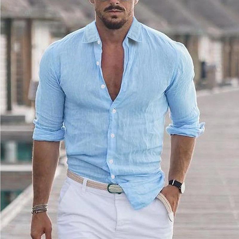 Fashion Men's Shirts Summer Cotton Linen Lapel Beach Shirt Long-sleeved Solid-coloured Shirts Casual Versatile Tops