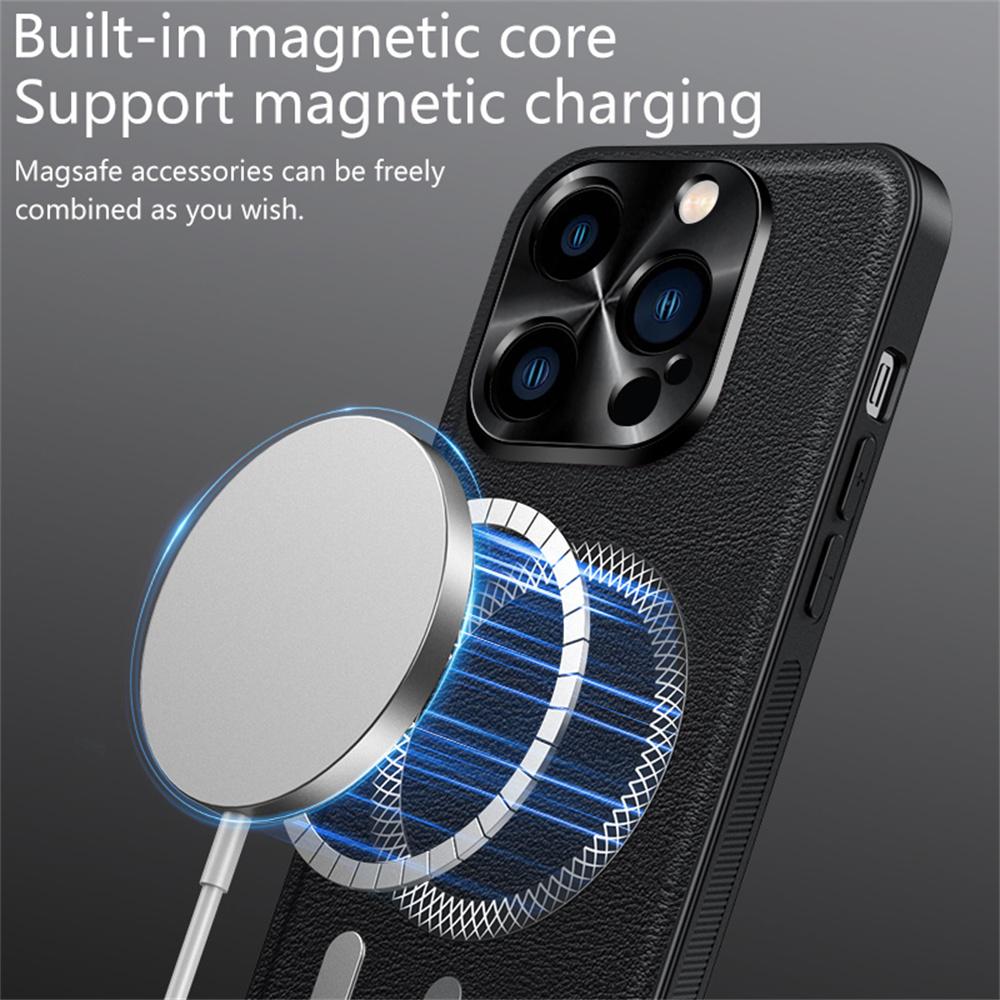 For iPhone 16 Pro Case Compatible with MagSafe PU TPU PC Phone Back Cover with Metal Lens Frame