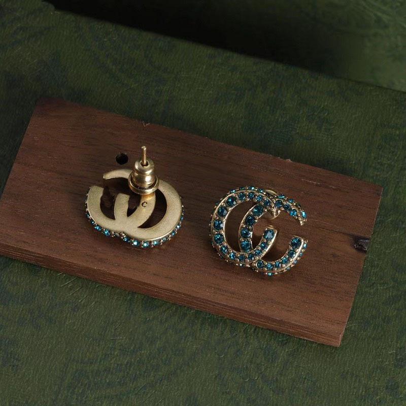 Серьги-гвоздики Gu Jia Double G с синими стразами - Винтажный дизайн из латуни с серебряной иглой
