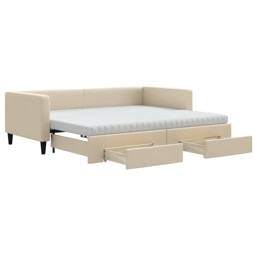 Extendable Daybed with Drawers Cream 90x200 cm Fabric