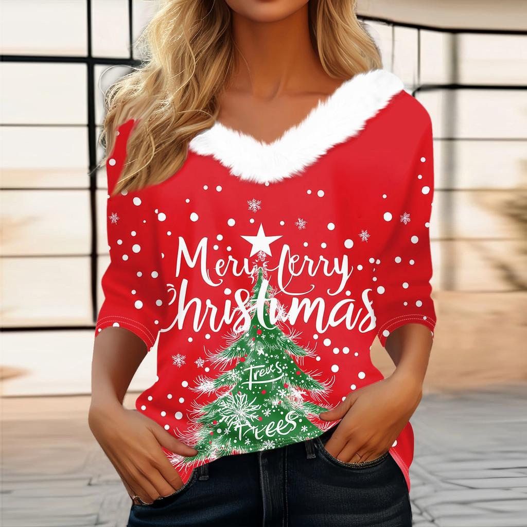 Женская футболка с рождественским принтом, флисовый воротник с рукавом три четверти и V-образным вырезом на рождественской вечеринке