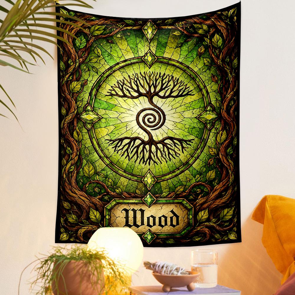 Wood Element Tarot Card Green Stained Glass Tree Mystical Decor Printed Tapestry for Living Room Dorm Decor