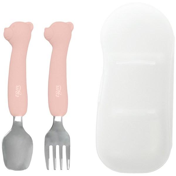 TGM Portable Silicone Stainless Steel Bear Spoon and Fork + Case, Coral Pink, Spoon + Fork + Case, 1 Set