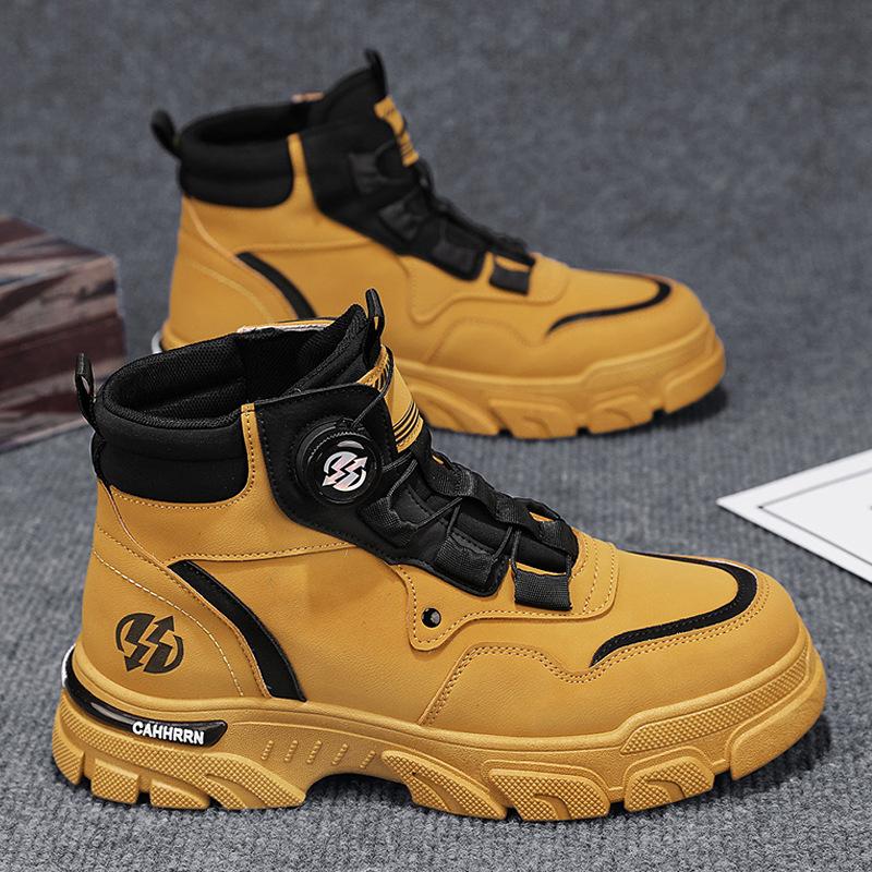 Men's shoes autumn and winter new leather rotating buckle shoes outdoor men's non-slip thick-soled high-top casual shoes