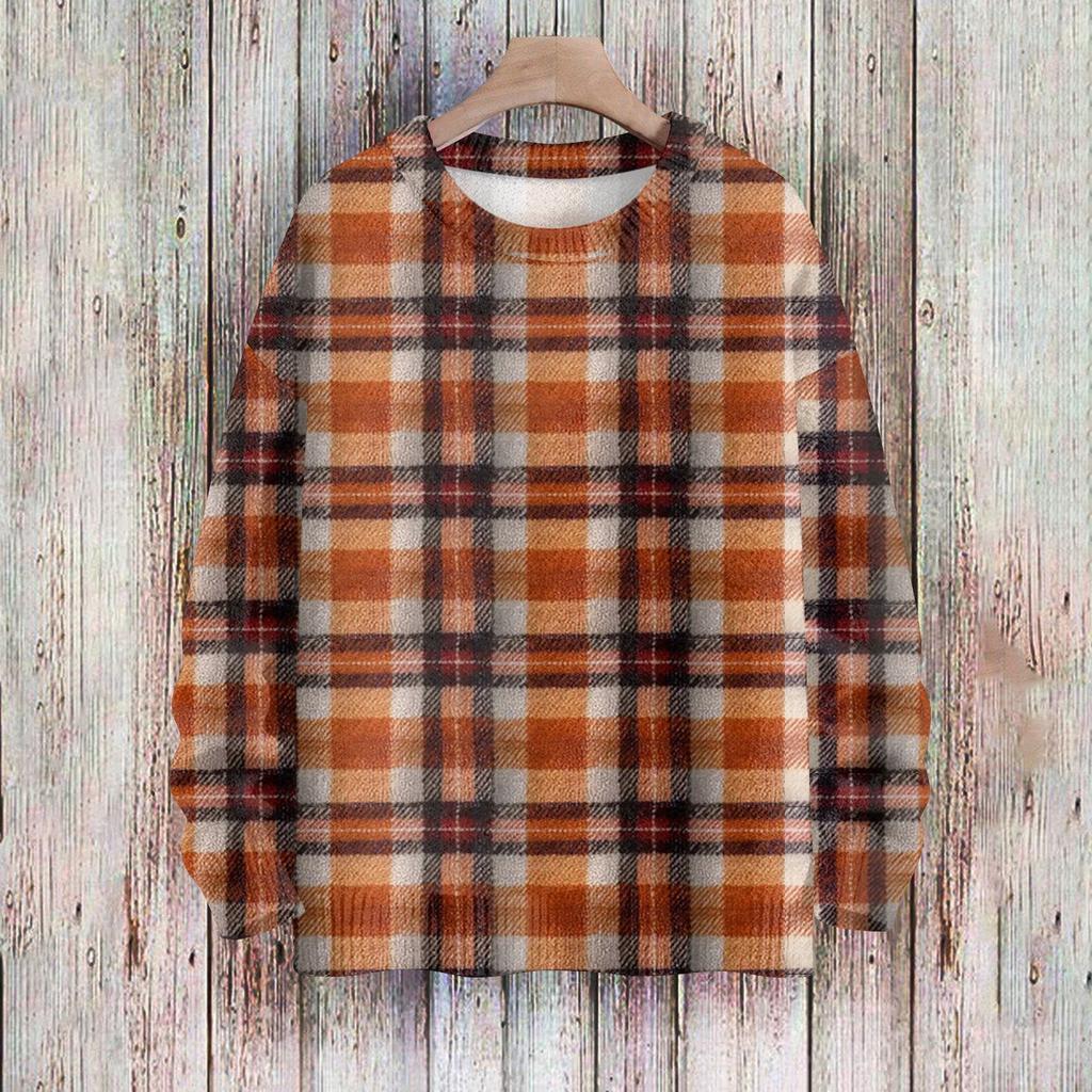 Women's Fashionable Casual Long-sleeved Checkered Printed Round-neck Sweater Knitted Top