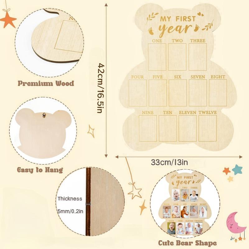 Wooden Baby’s First Year Picture Frame Bear-Shaped Baby Keepsake Poster Frame 12 Month Milestone Board Newborn Calendar