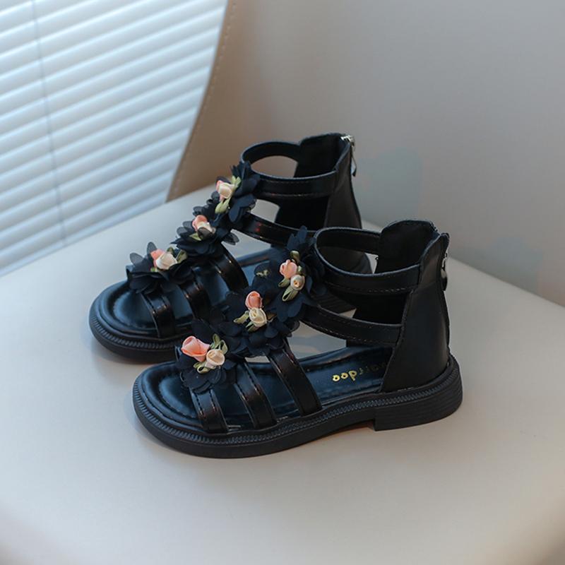 Сандалии для девочек с цветочным принтом, милые гладиаторские пляжные сандалии принцессы 2024 года, новинка лета в богемном стиле с цветами, детские сандалии на молнии, мягкие