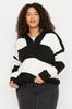 Women's Fashion New Plus Big Size Sweater Black Striped Zipper Low Shoulder Knitwear Sweater