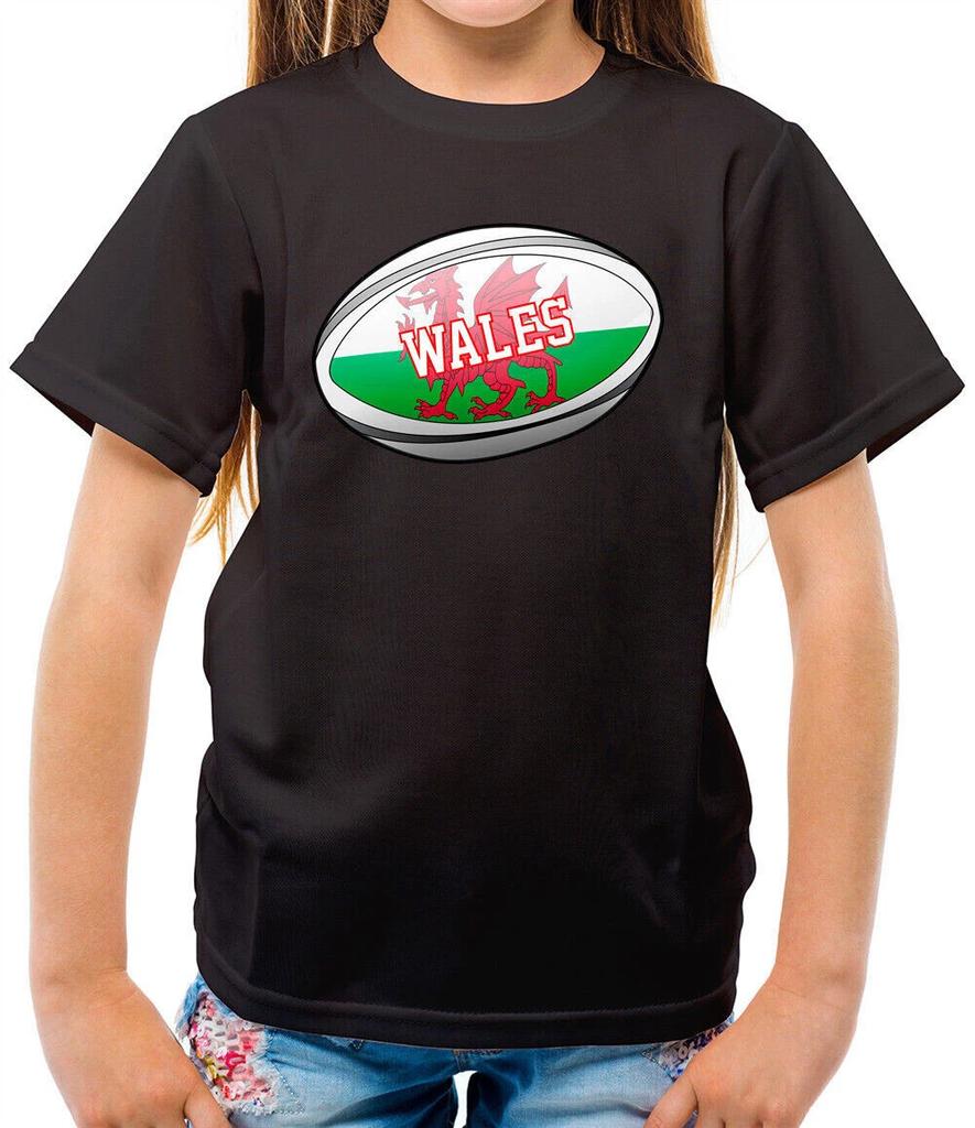 Welsh Flag Rugby Ball - Kids T-Shirt - Wales Dragon League Union Fan