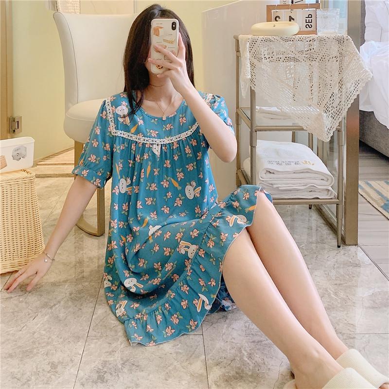 1011 new pajamas women's cotton and silk round neck loungewear thin fashion home artificial cotton and silk nightgown can be worn outside
