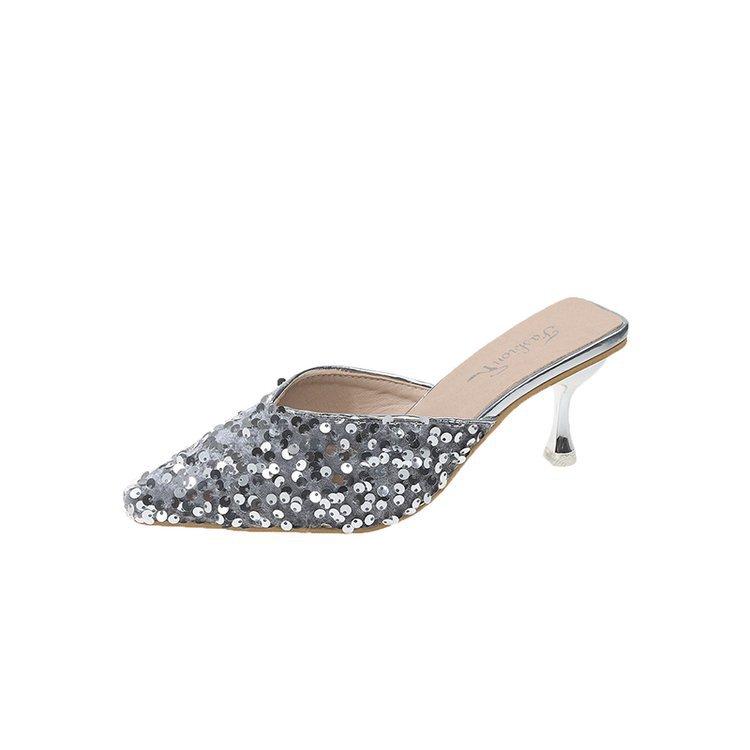 Sequins Fashion High Heels Women's Stilettos 2025 Spring and Summer New Bag Head Half Drag Women's Shoes Summer Wear Cool Slippers Women