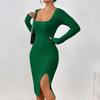 Autumn and Winter Women's Dress Long Sleeve Round Neck Split Knit Long Dresses