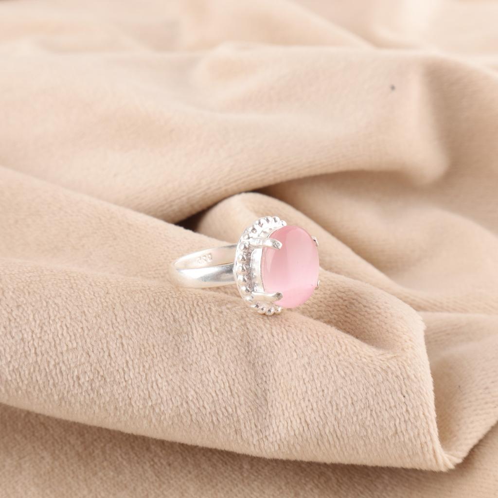 Oval Pink Cat's Eye Gemstone 925 Sterling Silver Cocktail Handcrafted Boho Ring RR-28-36