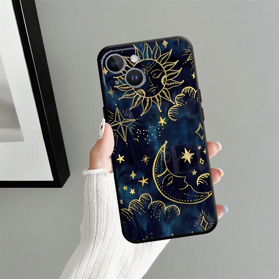 Чехол для iPhone 7 8 15 16 14 Plus XR 13 12 11 17 Pro Max 17Air XS Max Черный Мягкий Чехол для Телефона Звезда Луна Узор