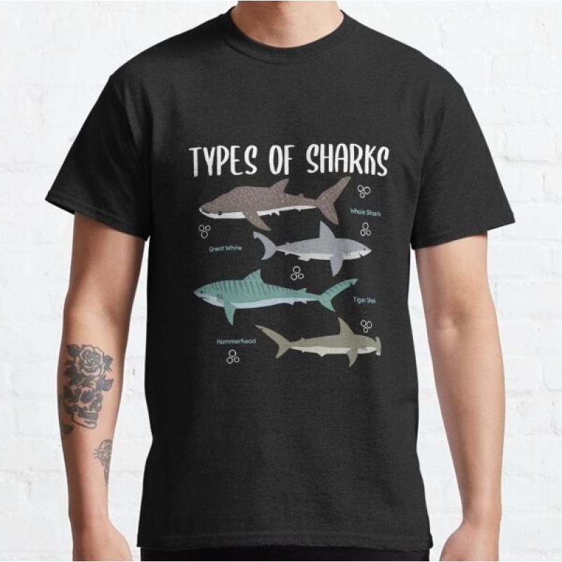 0530 Types Of Sharks Gift for Shark Lover Short Sleeve t shirt Vintage Graphic Tee 100 cotton printed clothes All size Tops