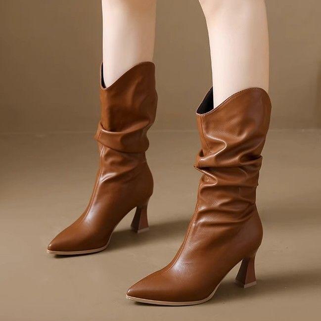 Полусапоги женские на среднем каблуке из кожи New Rock с острым носком, туфли до середины голени женские коричневые распродажа тренд 2024 года качественная обувь