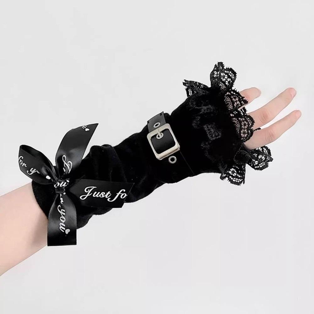 1pair Lace Ruffle Fingerless Gloves Buckle Closure Arm Cover Sleeves Fashion Arm Warmers Women Girl