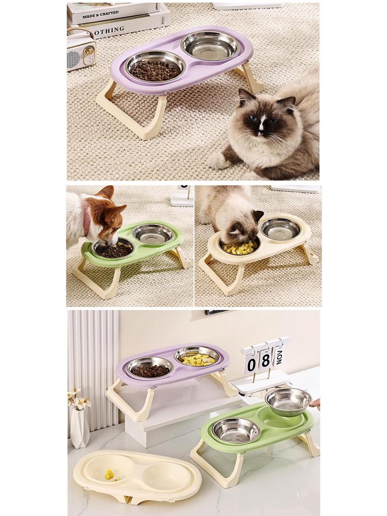 Миска для кошек из нержавеющей стали с приподнятой конструкцией: Складные двойные миски для еды и воды, защита шейки матки