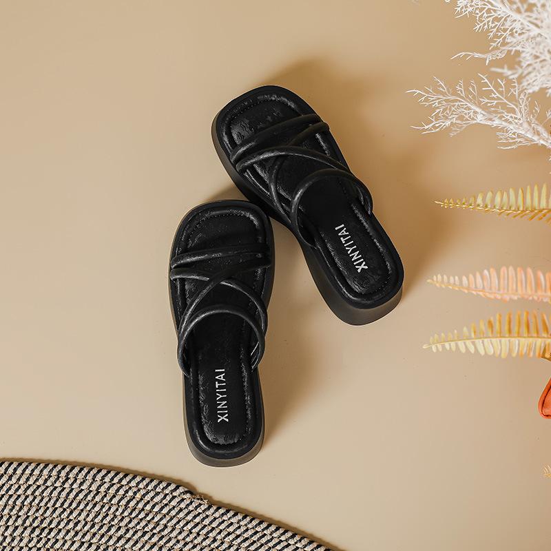 Guochao new Chinese platform sandals women's summer new silk satin square head muffin bottom wear national style cool slippers