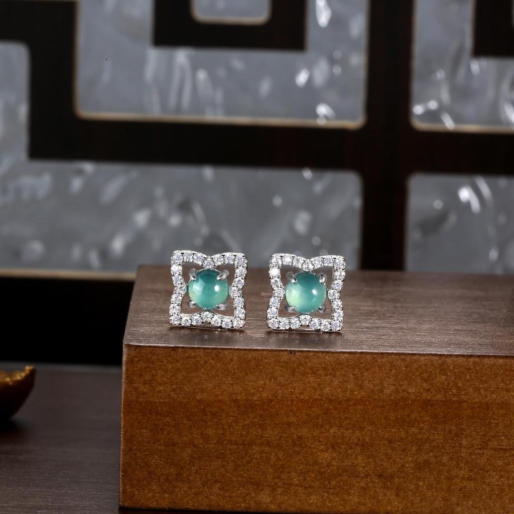 Серьги-пусеты из стерлингового серебра 925 пробы в виде подсолнухов с натуральным нефритом Вэлянского голубого водного цвета